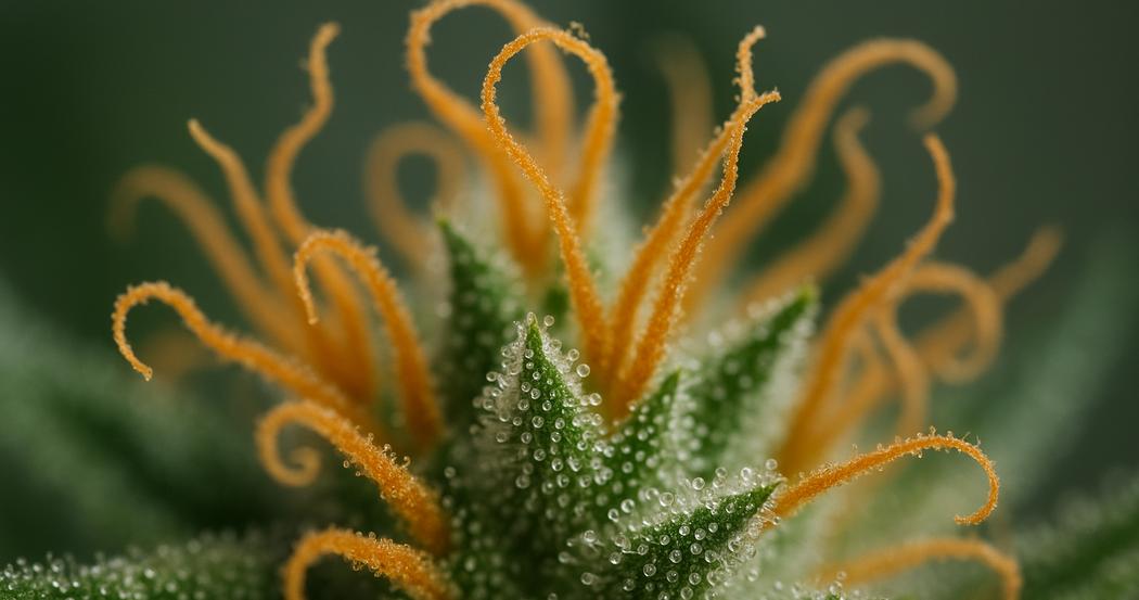AI Generated Image: Extreme close-up macro shot of cannabis pistils and sparkling trichomes with soft diffused studio lighting