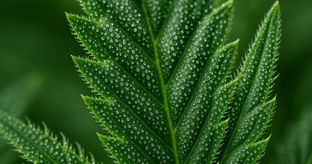 AI Generated Image: Close-up macro image of a cannabis leaf showing detailed trichomes and serrated edges on a neutral light-gray background.