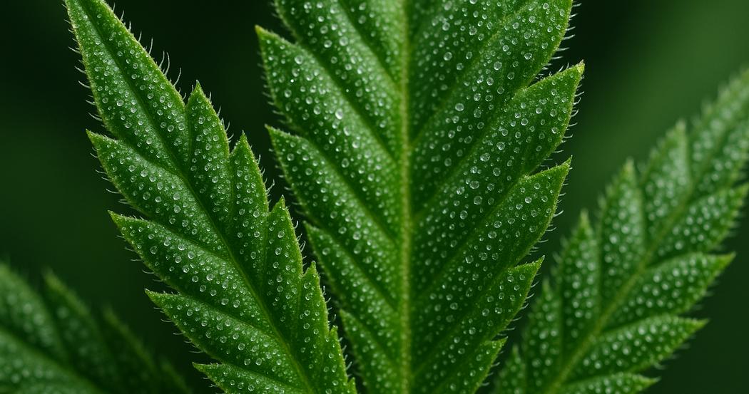 AI Generated Image: Close-up macro image of cannabis leaf with sharp trichomes and serrated edges on light-gray background