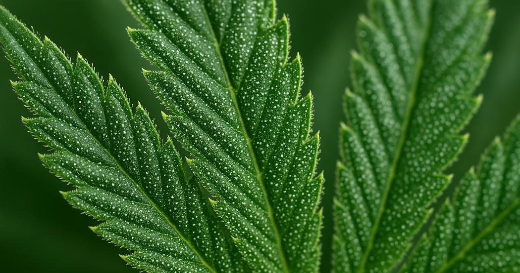 AI Generated Image: Detailed macro image of a cannabis leaf showing sharp serrations and crystalline trichomes against a neutral light-gray background