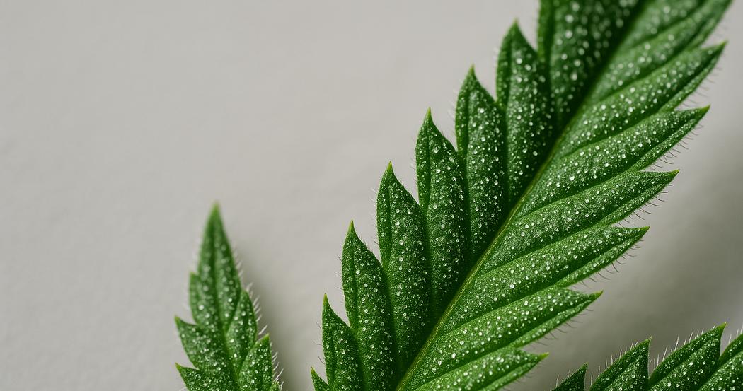 AI Generated Image: Low side macro view of cannabis leaf with sparkling resin trichomes and serrated edges on neutral light-gray background