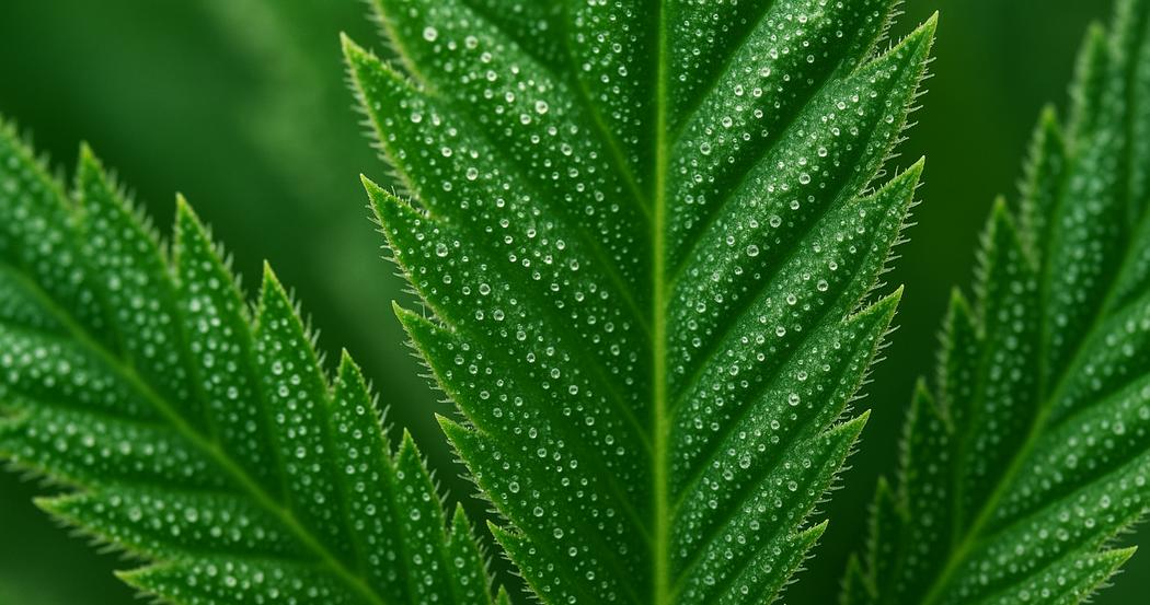 AI Generated Image: Low side angle macro photograph of cannabis leaf edge highlighting fine serrations and trichomes on a neutral light-gray background with soft lighting