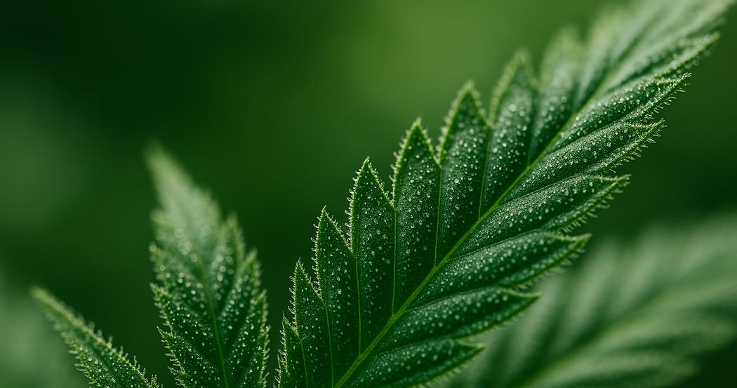AI Generated Image: Close-up low side angle macro image of cannabis leaf showing fine serrations and trichomes against charcoal background