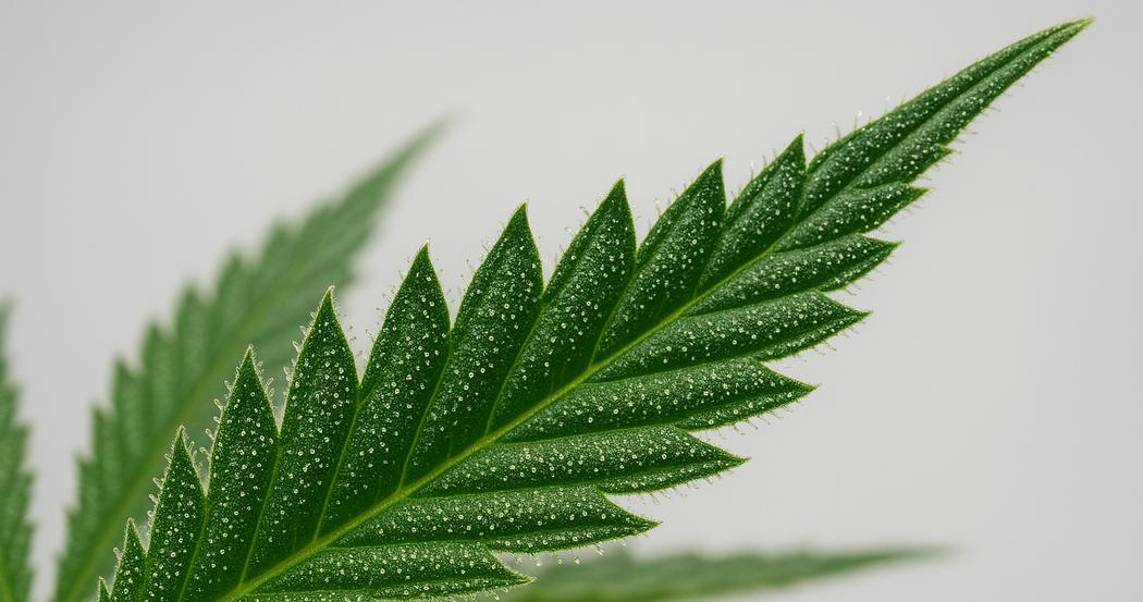 AI Generated Image: Low side 20 degree macro close-up of cannabis leaf showing fine serrations and trichomes on a light-gray matte background