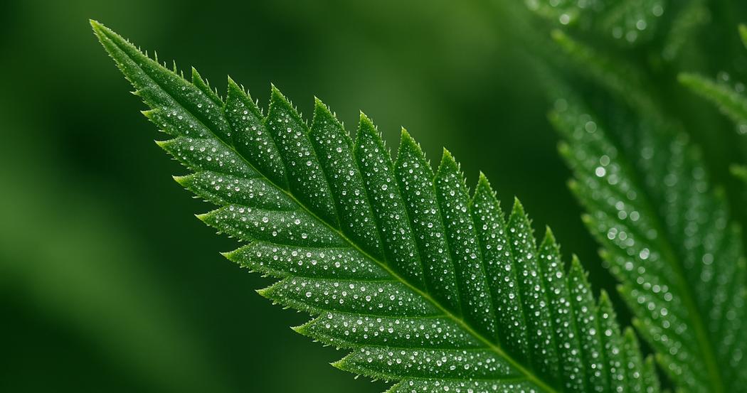 AI Generated Image: Close-up macro studio photograph of cannabis leaf showing fine serrations and sparkling resin trichomes on light gray background, low side angle view.