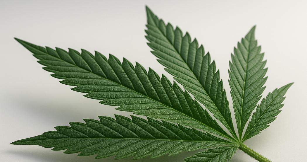 AI Generated Image: Low side 20 degree macro shot of a cannabis leaf showing fine serrations and sparkling trichomes on a light gray background.