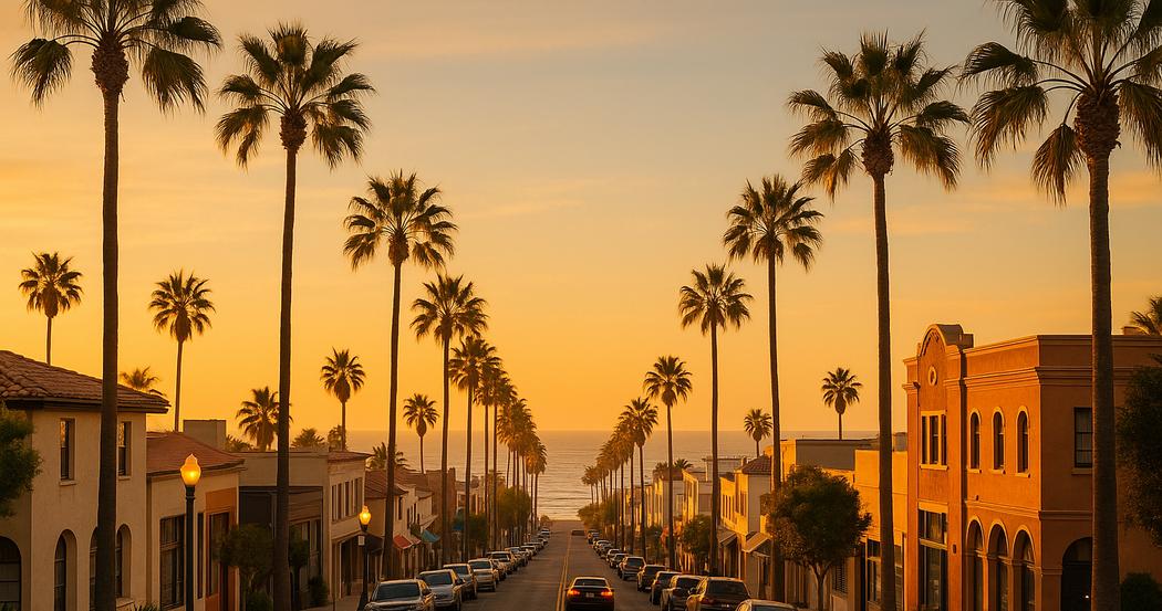 AI Generated Image: Hyper-realistic street-level photograph of a generic Southern California coastal city streetscape at golden hour, showing blank storefront facades, low-rise buildings, neutral street furniture, and distant hills under warm soft light