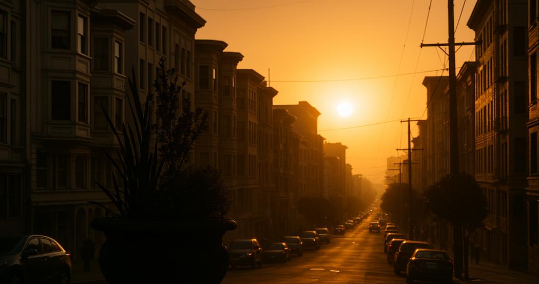 AI Generated Image: Golden hour street-level view of a clean urban San Francisco streetscape with planter silhouette and warm cinematic lighting