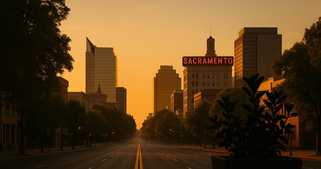 AI Generated Image: Hyper-realistic golden hour street-level view of Sacramento cityscape with clean storefronts, planter silhouette, and leading lines converging to center under soft warm light