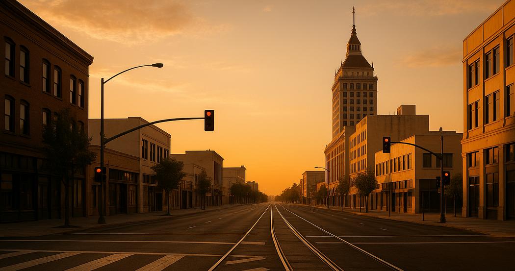 AI Generated Image: Golden hour slight elevated view of Fresno-like city streetscape with diagonal leading lines, clean storefront reflections, neutral street furniture, distant hills under warm cinematic light