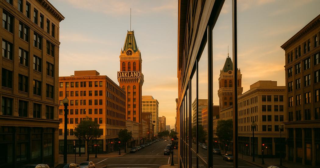 AI Generated Image: Hyper-realistic golden hour street-level view of a clean, empty Oakland-like city streetscape with warm light reflecting in storefront glass and neutral urban elements