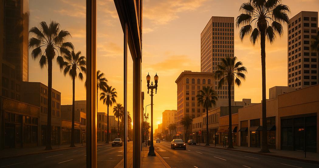 AI Generated Image: Golden hour street-level view of a clean Southern California city streetscape with storefront glass reflections and low-rise buildings under warm cinematic light