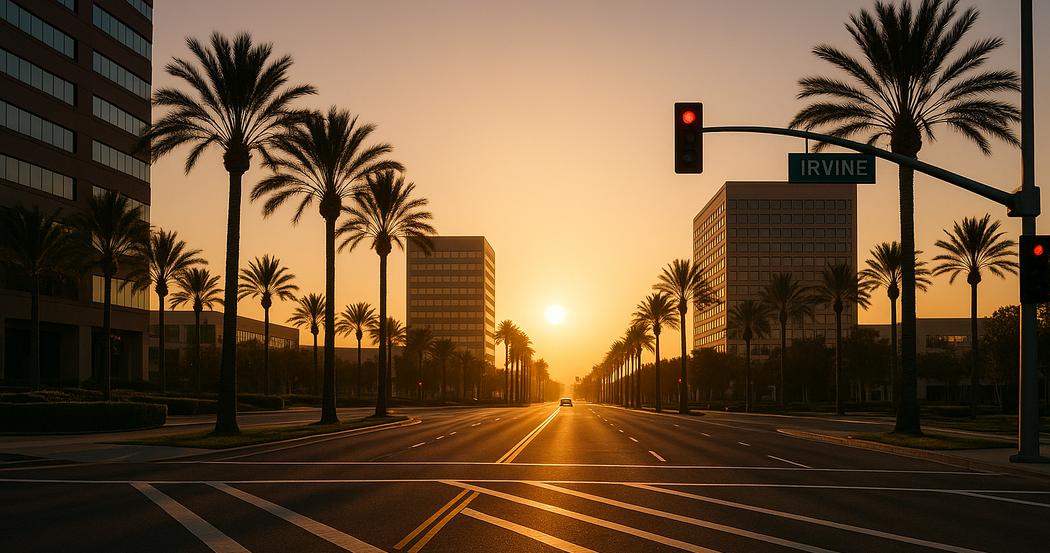 AI Generated Image: Golden hour street-level view of a clean, modern Irvine city streetscape with diagonal leading lines, palm shadow foreground, and low-rise buildings under warm cinematic light.