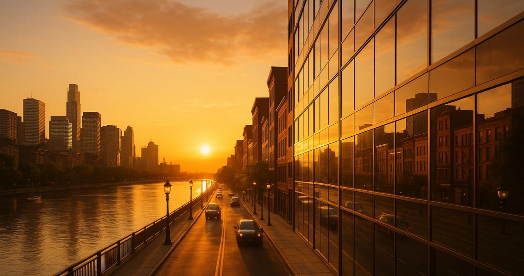 AI Generated Image: Golden hour street-level view of a Riverside city streetscape with clean storefront glass reflections, low-rise buildings, distant hills, and warm cinematic lighting