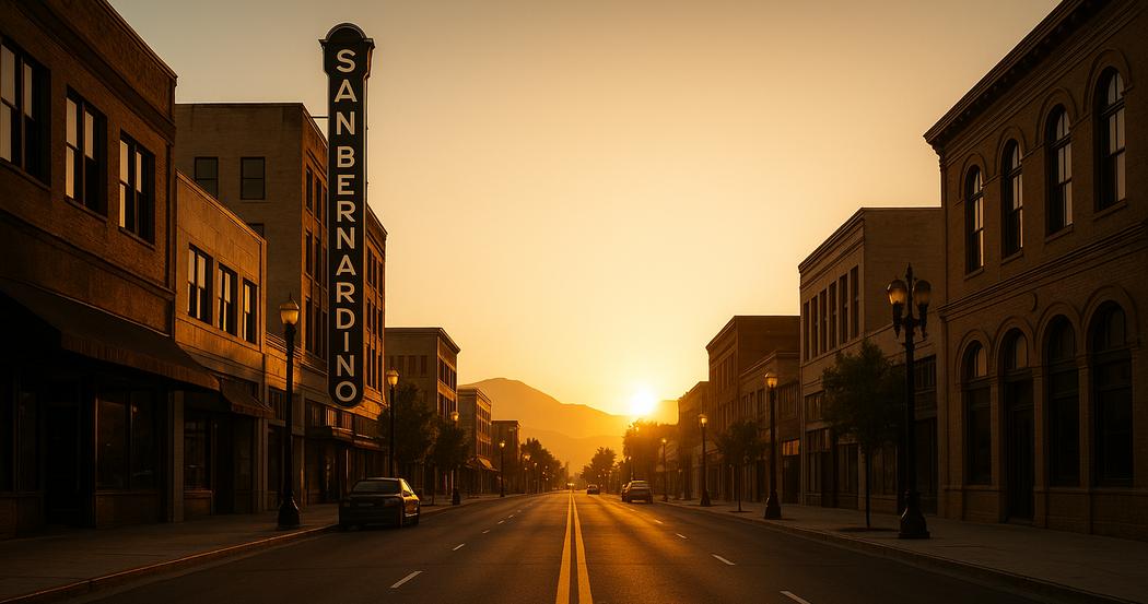 AI Generated Image: Hyper-realistic golden hour street-level view of San Bernardino city street with clean storefront reflections, low-rise buildings, neutral street furniture, and leading lines converging center under warm cinematic lighting.