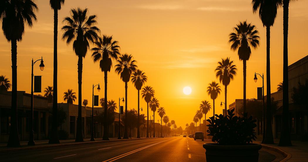 AI Generated Image: Golden hour street-level view of a clean Southern California city streetscape with leading lines and planter silhouette in warm cinematic light