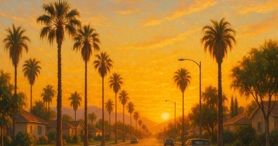 AI Generated Image: Street-level golden hour photograph of a clean, low-rise urban streetscape in Moreno Valley with one-point vanishing lines, planter silhouettes reflected in storefront glass, and distant hills under warm cinematic light.