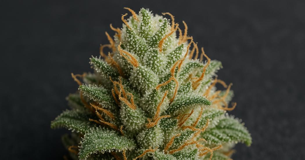 AI Generated Image: Studio macro three-quarter close-up of cannabis bud with milky crystalline trichomes on charcoal matte background