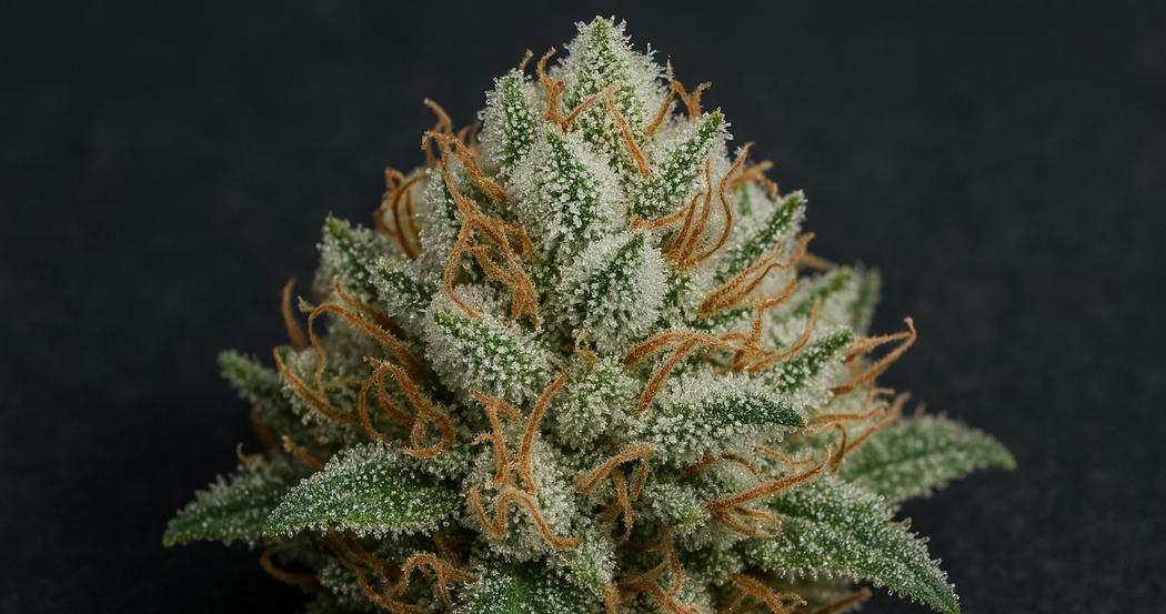 AI Generated Image: Extreme close-up of a cannabis bud covered with milky crystalline trichomes and sparkling resin on a matte charcoal background, captured with soft diffused lighting.