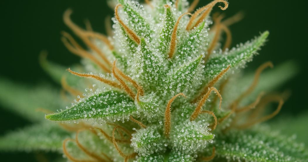 AI Generated Image: Studio macro close-up of a cannabis bud with dense milky crystalline trichomes on a matte charcoal background, three-quarter angle.