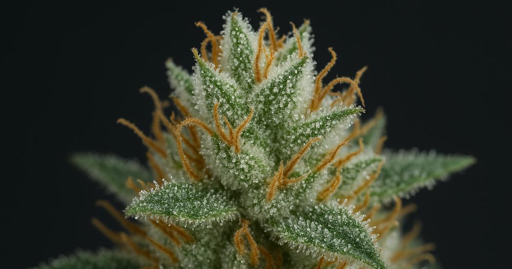 AI Generated Image: Tack-sharp macro close-up of a cannabis bud with dense milky trichomes on a matte charcoal background in studio lighting.