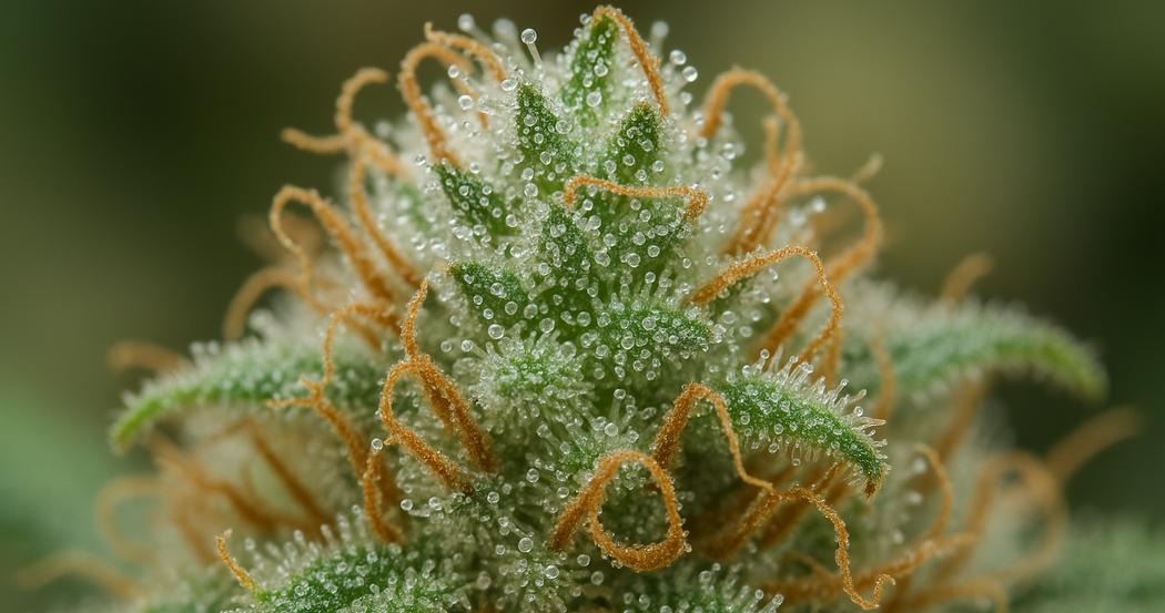 AI Generated Image: Studio macro close-up of a cannabis bud covered in milky trichomes and sparkling resin crystals against a matte charcoal background