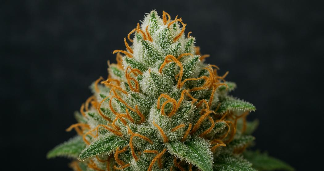 AI Generated Image: Macro close-up of a cannabis bud covered in dense milky and amber crystalline trichomes against a matte charcoal background with warm studio lighting.