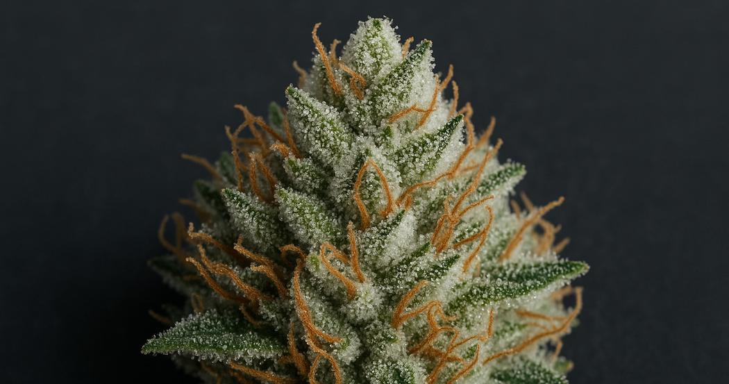 AI Generated Image: Macro close-up of a cannabis bud densely coated in milky crystalline trichomes on a matte charcoal background with soft studio lighting.