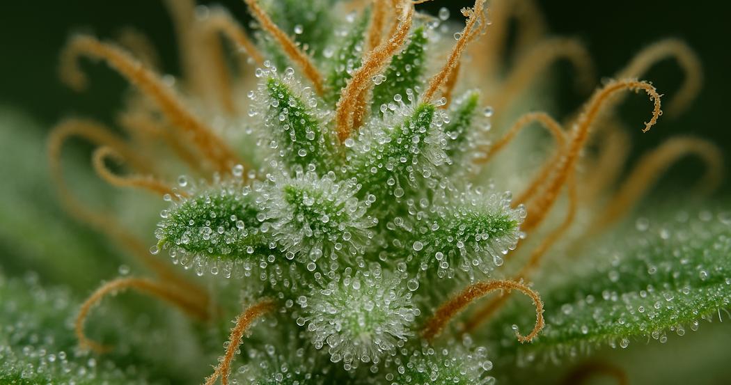 AI Generated Image: Studio macro photograph of cannabis bud close-up showing dense milky crystalline trichomes on a matte charcoal background
