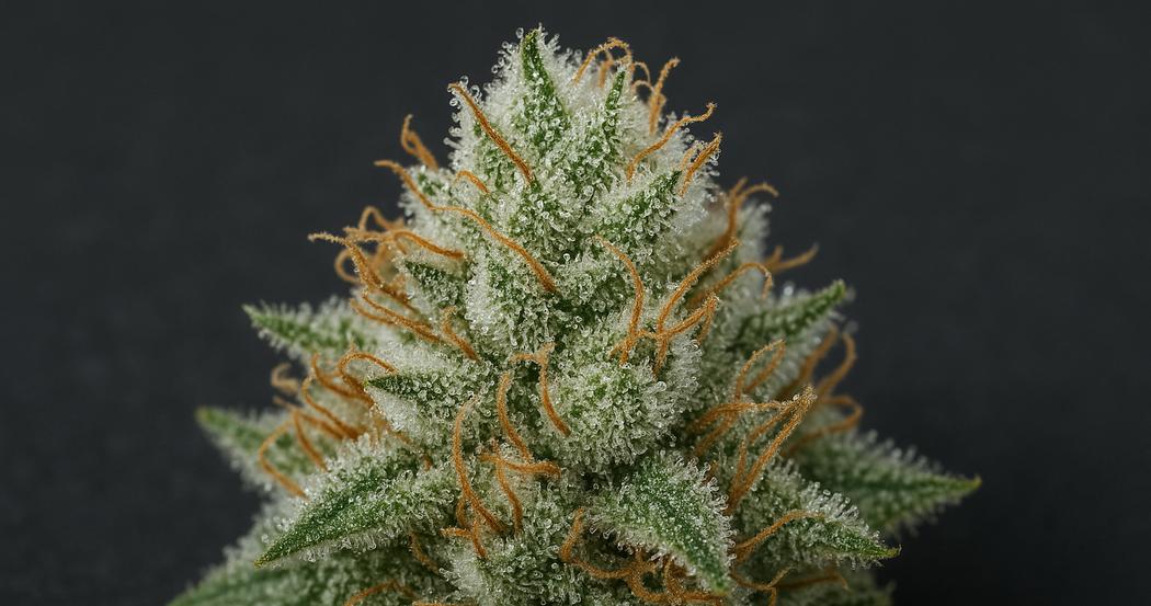 AI Generated Image: Close-up macro photo of cannabis bud with milky frost trichomes and sparkling resin on charcoal matte background.