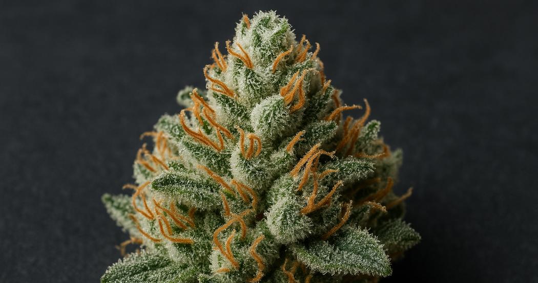 AI Generated Image: Macro close-up of cannabis bud densely covered with milky crystalline trichomes on a matte charcoal background