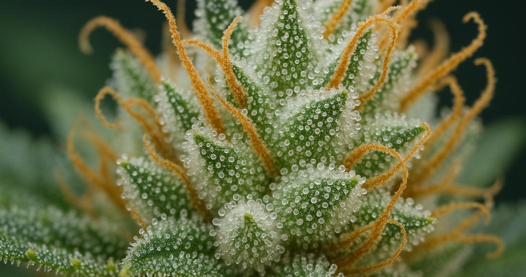 AI Generated Image: Studio macro three-quarter view of cannabis bud densely covered with milky crystalline trichomes on matte charcoal background