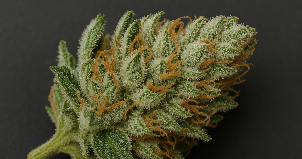 AI Generated Image: Macro close-up of a cannabis bud covered in milky crystalline trichomes on a matte charcoal background with three-quarter lighting and sharp detail.