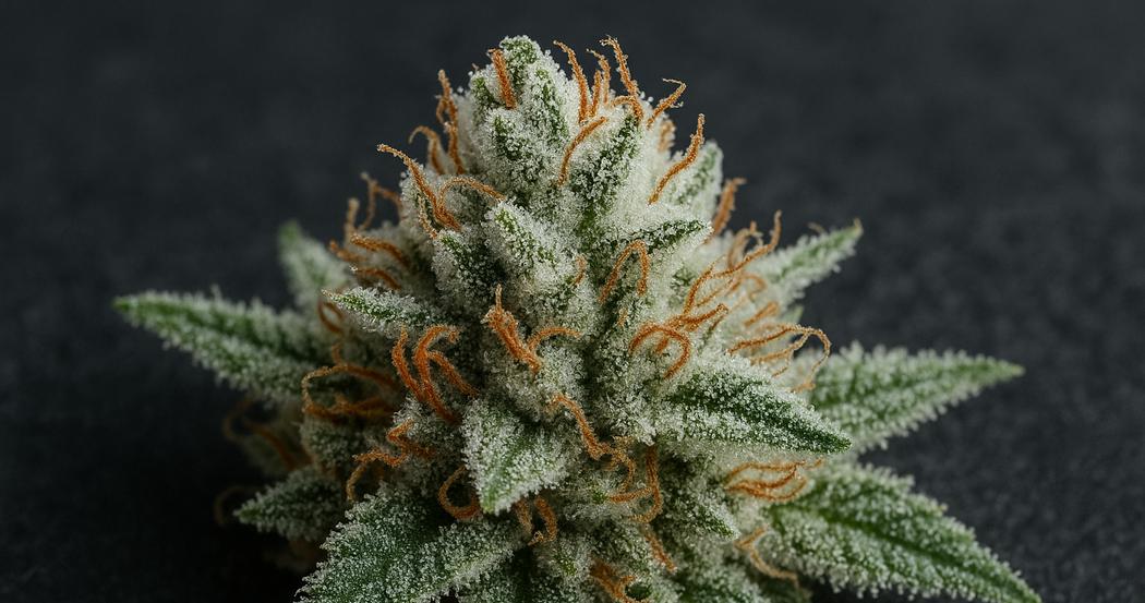 AI Generated Image: Extreme close-up macro image of cannabis bud with dense milky trichomes on charcoal background