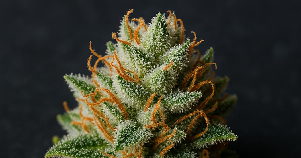 AI Generated Image: Macro close-up of a cannabis bud showing dense milky crystalline trichomes on a matte charcoal background with soft diffused lighting.