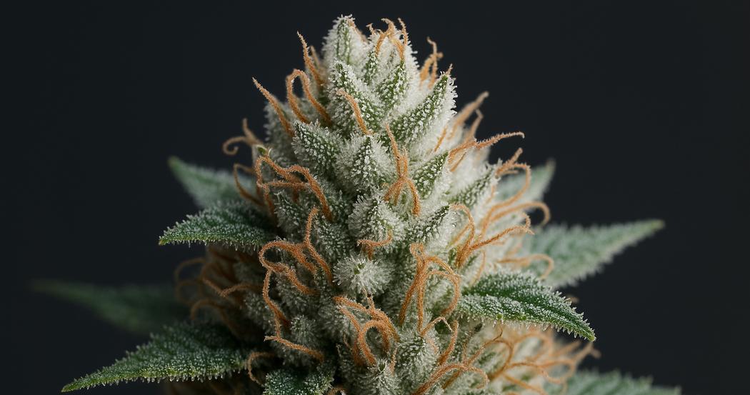 AI Generated Image: Studio macro close-up of a cannabis bud showing dense milky frost trichomes against a matte charcoal background, captured with a 100mm macro lens in soft diffused lighting