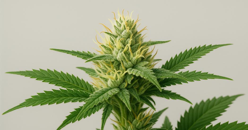 AI Generated Image: Detailed macro photograph of a cannabis flower on the plant with fine serrated leaf edges and sparkling resin trichomes on a light-gray background