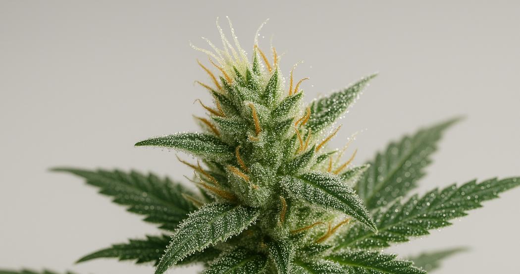 AI Generated Image: Macro side profile 30° of cannabis flower on plant showing sparkling resin trichomes and fine leaf serrations on a neutral light gray background