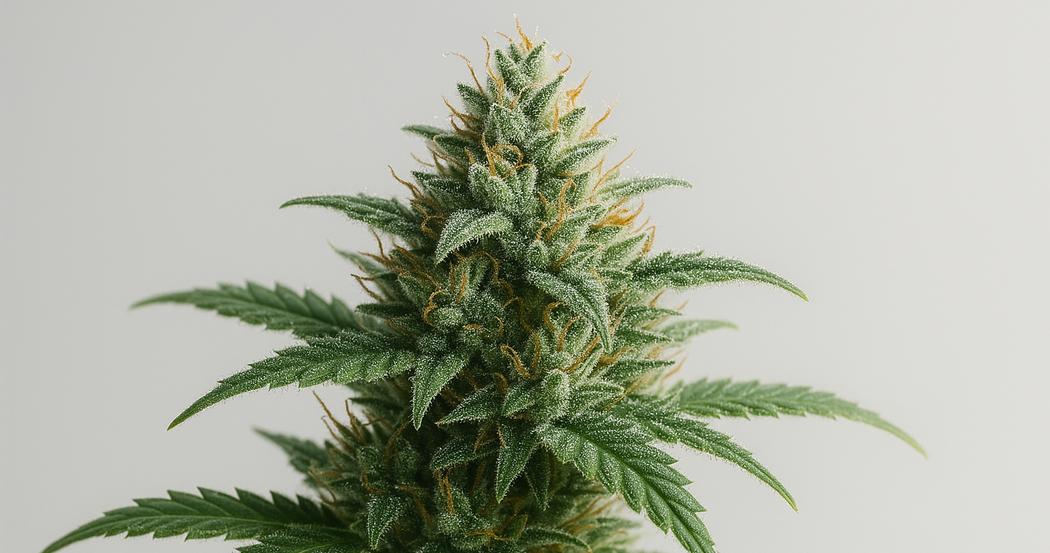 AI Generated Image: Detailed side profile macro shot of a flowering cannabis plant with sparkling resin on a light-gray matte background under warm studio lighting.