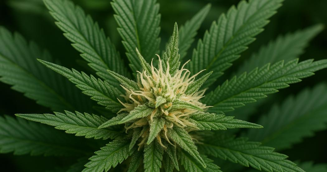 AI Generated Image: Macro side profile of a cannabis flower on the plant highlighting leaf serrations and detailed trichomes on a neutral gray background