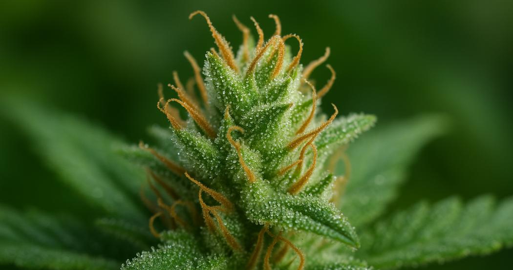 AI Generated Image: Detailed macro side profile of cannabis flower on plant vine with sparkling resin trichomes on neutral light-gray background