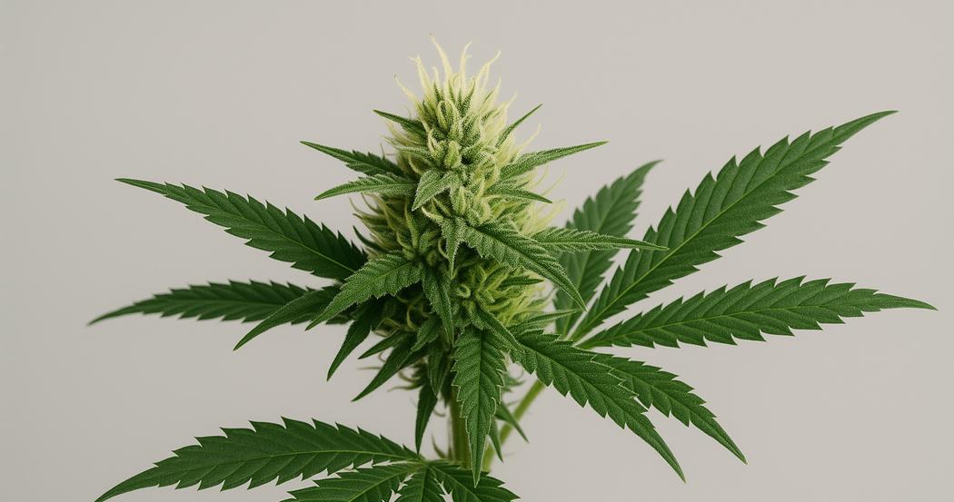 AI Generated Image: Studio macro side profile of cannabis flower on plant showing fine serrated leaf edges and trichomes against a light-gray background