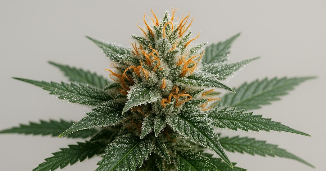 AI Generated Image: Detailed macro image of a cannabis flower on the plant with sparkling resin trichomes and finely serrated leaves against a neutral light-gray background.