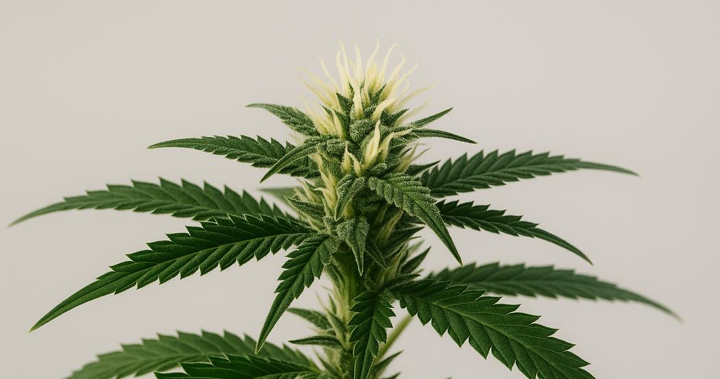 AI Generated Image: Macro side profile of cannabis flower on plant with fine leaf serrations against light-gray backdrop.