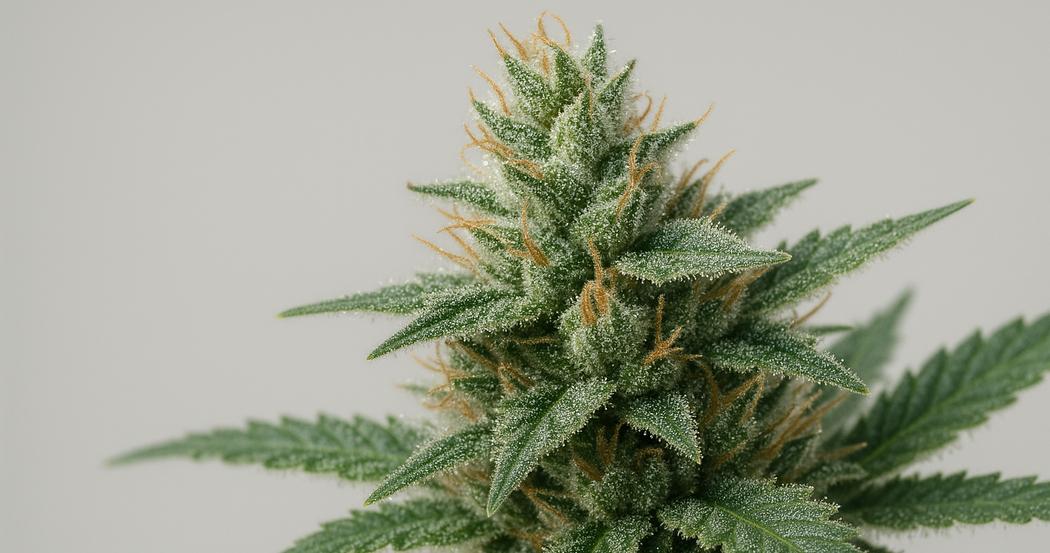 AI Generated Image: Side profile macro of a flowering cannabis plant with sparkling resin on a neutral light-gray background