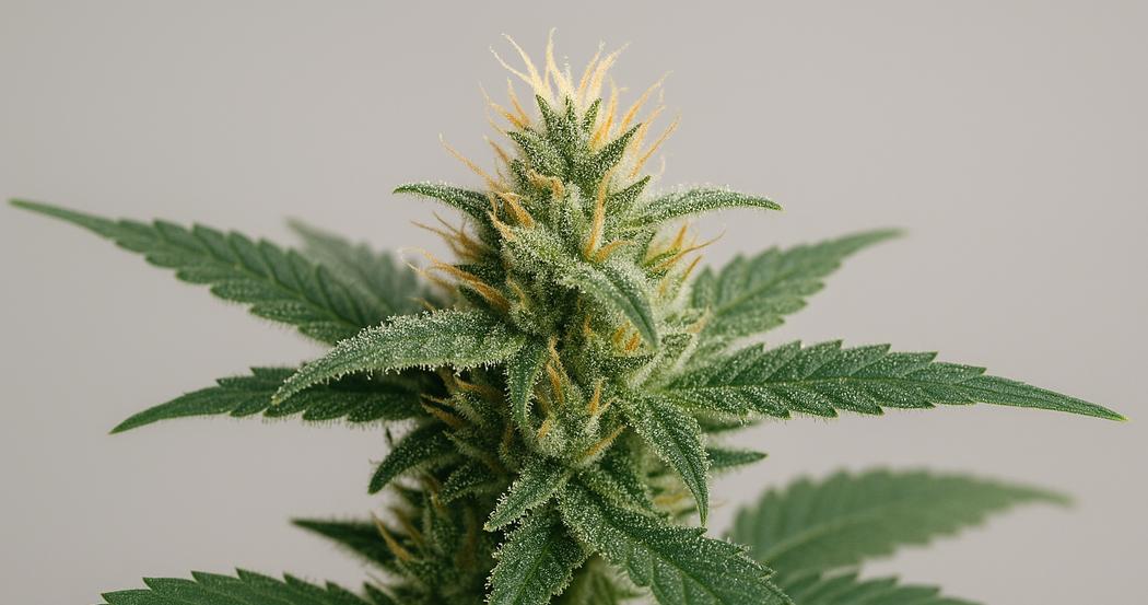 AI Generated Image: Detailed side profile macro of cannabis flower on the plant with sparkling resin trichomes on a neutral light gray background.