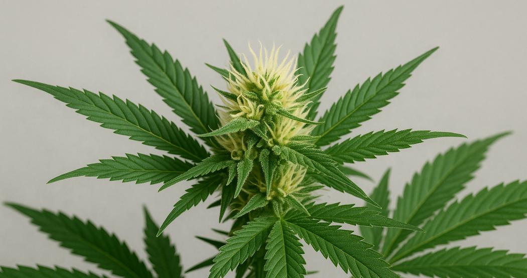 AI Generated Image: Macro side profile of a cannabis flower on the plant showing fine serrated leaves against a neutral light-gray background.