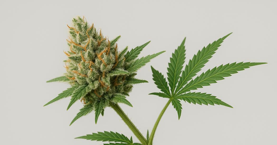 AI Generated Image: Studio macro side profile of cannabis flower on vine showing fine serrated leaves and sparkling trichomes on neutral light-gray background