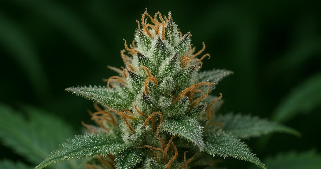 AI Generated Image: Macro side profile of cannabis flower on plant showing sparkling resin trichomes against a matte light-gray background