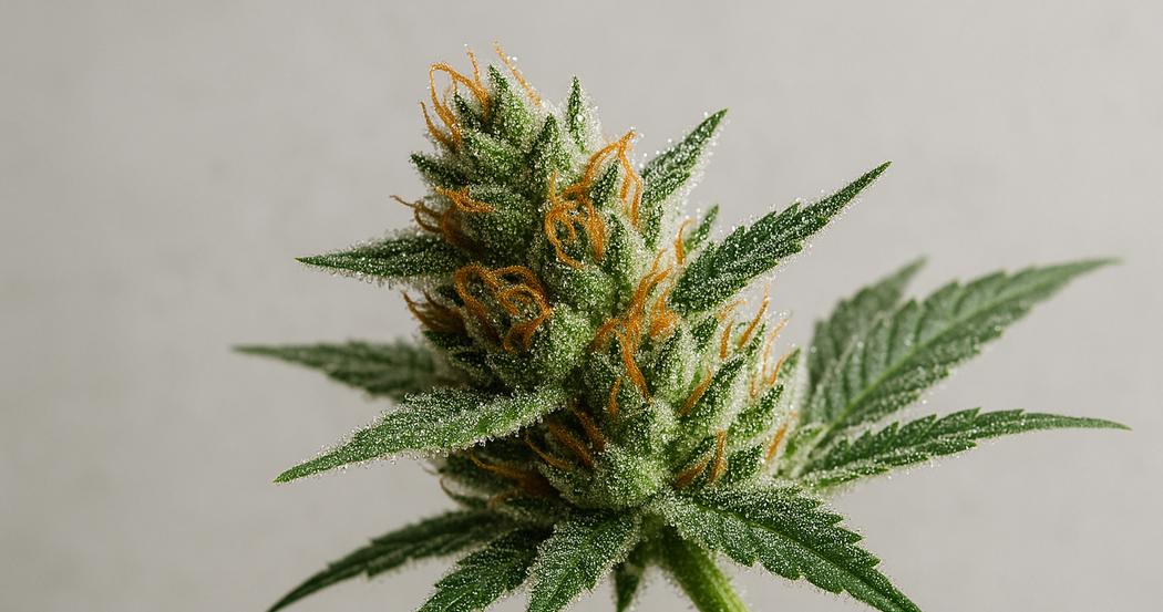 AI Generated Image: Side profile 30-degree macro image of a cannabis flower on the plant with sparkling resin trichomes on a neutral light-gray background under warm studio lighting